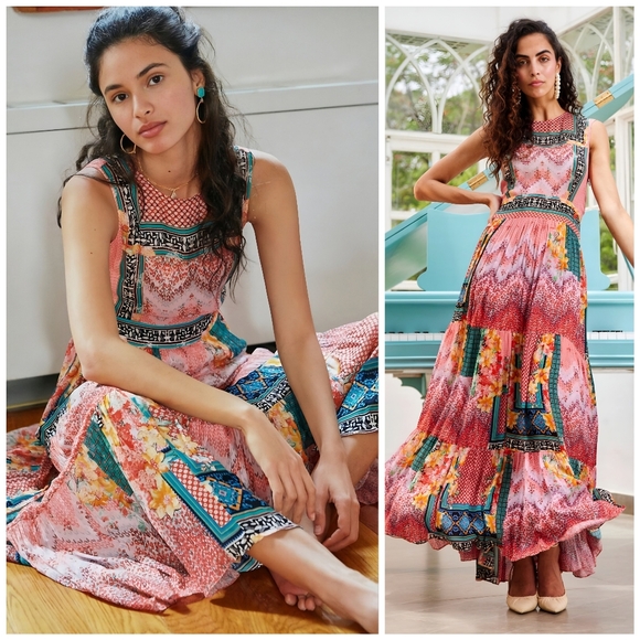 NEW Anthropologie Pink Beaded Boho Patchwork Maxi Dress